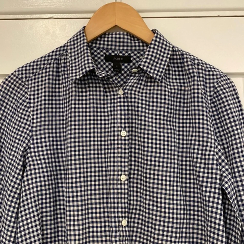 J. Crew Gathered Popover Top in Microgingham Sz 4 Navy and White - Picture 4 of 7